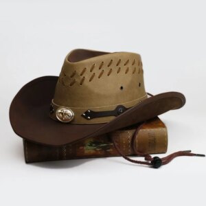 Vintage old leather unisex cowhide belt sunshade large brimmed country cowboy hat