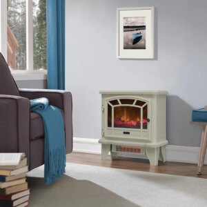 Electric Fireplace Stove 1500 Watt Infrared Heater with Flickering Flame Effects – Cream
