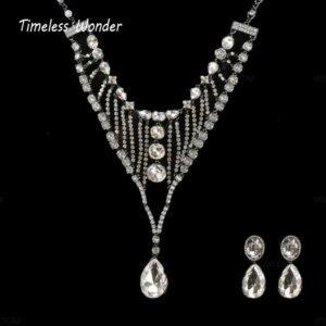 Timeless Wonder Stunning Zircon Geo Statement Necklace N Button Earrings for Women Designer Fine Jewelry Set Rare Runway 7524