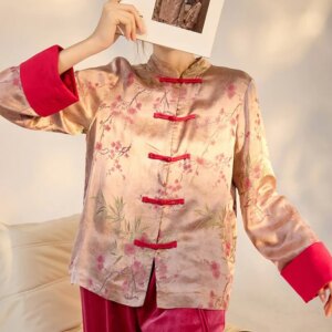 New Chinese style stand collar jacquard pink button shirt short coat