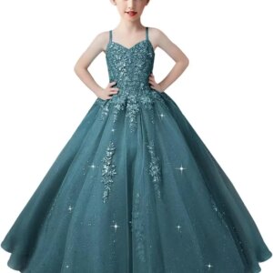 Lace Applique Tulle Pageant Gowns for Girls Ball Gown Flower Girl Dress Princess Toddler Kids Prom Dress ball gown