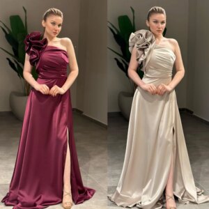 Customized Retro Satin Ruched A-line One-shoulder Long Dresses Evening Dresses Fashion Elegant Exquisite Sexy Sparkle Unisex