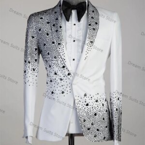 Crystals White Men Suits Set 2 Piece Blazer+Pant Customized Formal Office Business Jacket Groom Prom Wedding Tuxedo Male Coat