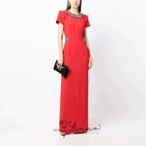 customized  Crepe Straight O-neck Short Sleeves Waist Beading Prom Dresses Evening Dress Valentine Dress Dresses for special eve