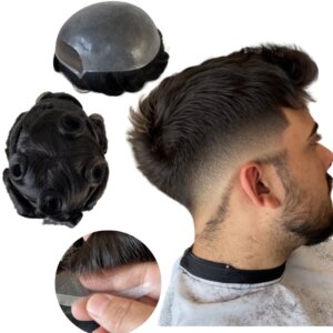 Malaysian Virgin Human Hair Replacement #1A Black Color BIO Toupee PU with Front Lace Toupee for Men