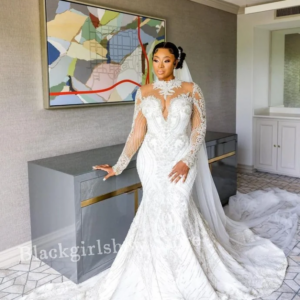 Elegant Lace Formal Wedding Dress 2025 High Neck Applique Long Sleeve Beaded Applique Mermaid Customised Long vestido de novia