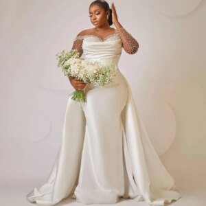 Arabic Aso Ebi Mermaid Wedding Dresses Beading Detachable Train Bridal Gowns O Neck Long Sleeve Satin Church Robe De Mariee