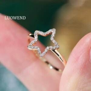 LUOWEND 100% 18K Yellow Gold Rings Romantic Star Shape 0.16carat Real Natural Diamond Engagement Ring for Women Luxury Jewelry