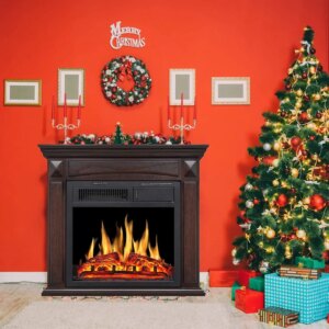 27” Electric Fireplace Mantel Wooden Surround Firebox, TV Stand with Freestanding Electric Fireplace,Remote Control