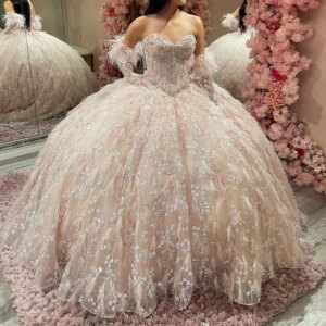 Sparkly Champagne Quinceanera Dress 2025 Ball Gown Appliques Beading Feather Tull Sequins Puffy Skirt Sweet 15 16 Dress Vestidos