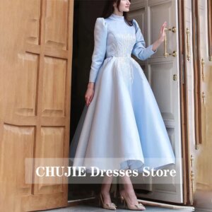 Tea Length A Line Prom Dresses Light Blue Satin Dubai Arabic Formal Evening Dresses Long Sleeves Shiny Lace Sequin Party Gowns