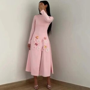 Tea Length Evening Dress Simple Long Sleeves Jersey Prom Dress 3D Flowers Side Split Special Occaion Gowns Custom Made