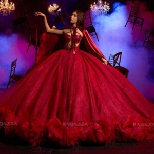 Red Shiny Quinceanera Dresses Ball Gown Off Shoulder Beads With Cape Tull Tiered Sweet 16 Dress Vestidos 15 De Anos
