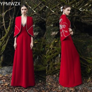 Customized Prom Gown Evening Women Party Occasion YPMWZX V-neck A-line Floor Length Skirts Draped Stole Bead Flower Bespoke Occa