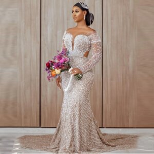 Exquisite Mermaid Prom Gowns Full Sleeves Beaded Wedding Evening Dresses Long Luxury 2022 With Train Custom Robes De Soirée
