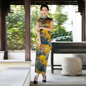 High Quality Improved Real Silk Cheongsam Qipao Catwalk Long Women’s High-End Chinese Dress