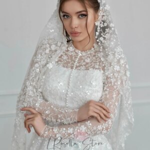 Luxurious 3D-flowers Beading Lace O-neck Neckline with Pearls Zipper Back Long Sleeves Customized Wedding Dress Robe de mariée