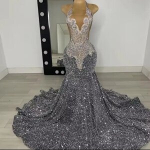 2025 Gorgeous Sequin Prom Dresses Rhinestones Grey Black Girls Luxury Bead Mermaid Evening Party Gowns Graduation Customized