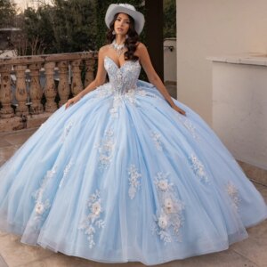 Sky Blue Shiny Quinceanera Dresses Off Shoulder Ball Gown Sweet 16 Dress Beading Applique Flower Tull Birthday Party Vestidos 15