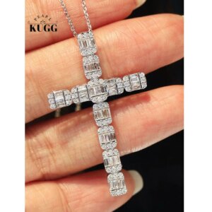 KUGG 100% 18K White Gold Necklace Luxury Cross Pendant 1.0carat Real Natural Diamond Necklace for Women High Party Jewelry