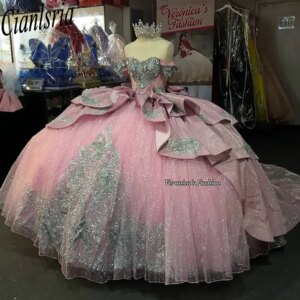 Pink Off The Shoulder Bow Quinceanera Dresses Detachable Train Ball Gown Silver Appliques Lace Sweet 15 Años Mexican Customized