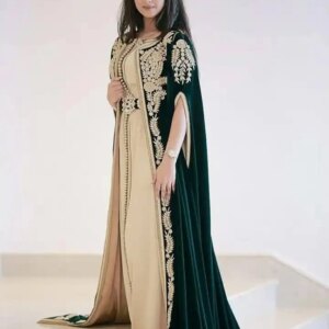 Green Moroccan Kaftan Muslim Evening Dresses A-line Sheer Velvet Appliques Dubai Arabic Turkey Abaya Islamic Gown Customized