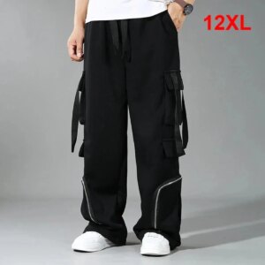 12XL Plus Size Cargo Pants Men Streetwear Loose Multiple Pockets Fashion Casual Black Trousers Elastic Waist