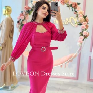 O-Neck Hot Pink Crystals Formal Evening Dresses Pleat Puff Sleeves فساتين سهرة Customized Elegant Prom Growns Party Women