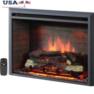 Freestanding Electric Fireplace Insert Remote Control Realistic Flame Log 1500W Adjustable Thermostat Easy Setup Home Heating