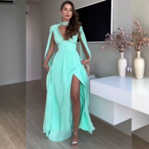 Customized Chiffon Sequined Party A-line High Collar Bespoke Occasion Gown Long Dresses