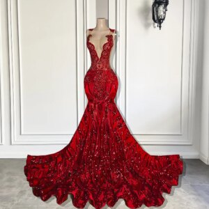 Elegant Long Prom Dresses 2025 Sexy Mermaid Style Luxury Diamond Sparkly Sequin Black Girl Red Prom Party Gowns
