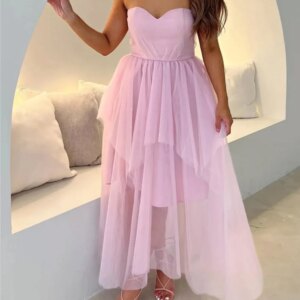 Vintage Long Pink Strapless Tulle Prom Dresses Sleeveless Lace Up A Line Ankle Length Vestido De Festa