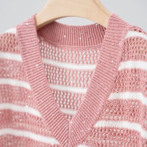 2025 Spring And Summer New Beaded V-Neck Striped Colored Linen Knitted Sweater Hollow Sleeves Casual All-Match Tops For Women