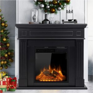 Electric Fireplace with Mantel, Wooden Surround Firebox with Log, Remote Control, Package Free-Standing Fireplace Heater