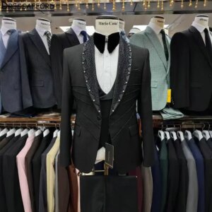 Black Formal Wedding Suits Handmade Beading Men’s Business Suit 2 Pieces (Jacket+Pants) Man Tuxedo Groom Wear