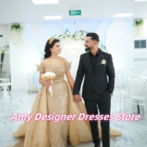 Luxury Sequin Beaded Mermaid Wedding Party Dress With Detachable Train Dubai Off Shoulder Evening Dresses Bridal Gown Customized
