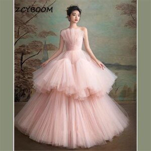 Customized Scalloped Neck Tulle Tiered Pink Ball Gown 2025 Formal Evening Dresses for Women Sweep Train Party Dresses Prom Dress