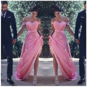 Sexy Off The Shoulder Bridesmaid Dresses Long With Lace Appliques A Line Wedding Guest Dress Pink Maid of Honor Dress Cheap