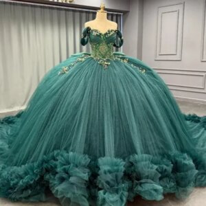 Blackish Green Shiny Princess Quinceanera Dresses Off Shoulder Beading Crystal Bow Tiered Tull Sweet 16 Dress Ball Gown Vestidos