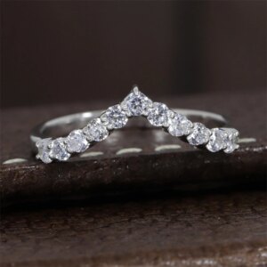 JY Jewelry 18K White Gold Vintage Style Shape Chevron Lab Diamond Round Cut Wedding Ring 14K Solid Gold Ring Half Set Ring Band