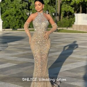 Luxury Champagne Prom Dresse 2025 Halter With Gloves Bead Diamonds Wedding Birthday Party Evening Gowns Customized