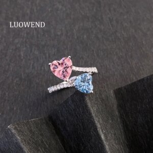 LUOWEND 100% 18K White Gold Rings Women Romantic Style Shiny Diamond Natural Aquamarine&Morganite Ring High Gemstone Jewelry
