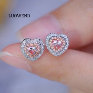 LUOWEND 18K White Gold Earrings Real Natural Pink Diamond Stud Earrings for Women Engagement Party Elegant Heart Design Jewelry