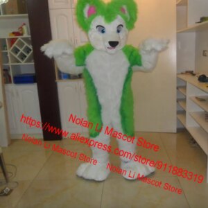 Fashion EVA Luxury Fur Lmitation Green Wolf Mascot Costume Cartoon Set Role Play Advertising Game Adult Size Gift 081