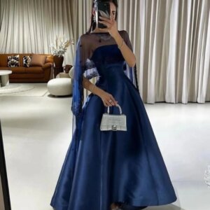 Elegant Navy Blue Strapless Prom Dresses 2025 Satin Lace Cape A-Line Ankle Length Evening Dresses Wedding Party Dress Customized