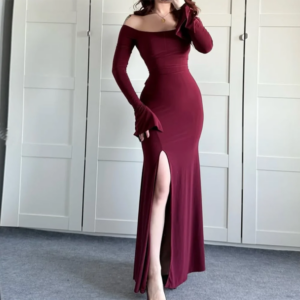 Customized Straight Prom Dresses Ankle-Length Full Sleeve Boat Neck Evening Dresses Fashion Criss-Cross Bow Sexy Side Split