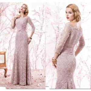 Classic Dusty Pink Lace Mother of the Bride Dresses Bateau Neckline with 3/4 Sleeves Wedding Party Gowns Mermaid