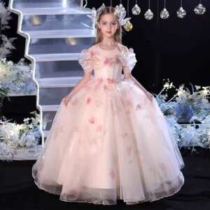 Jill Wish Elegant Pink Flower Girl Dress Arabic Princess Kids Wedding Birthday Party Pageant Gowns vestidos de novia J354