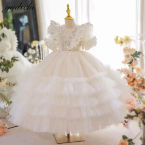 Customized Sparkly Sequined Flower Girl Dresses For Wedding 2025 Princess Appliques Tulle Tiered Ball Gown First Communion Gowns