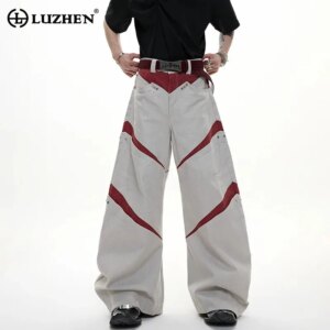 LUZHEN 2025 New Personalized Color Contrast Hollow Out Double Layer Waist Design Wide Leg Casual Pants Men’s Street Wear JY2010